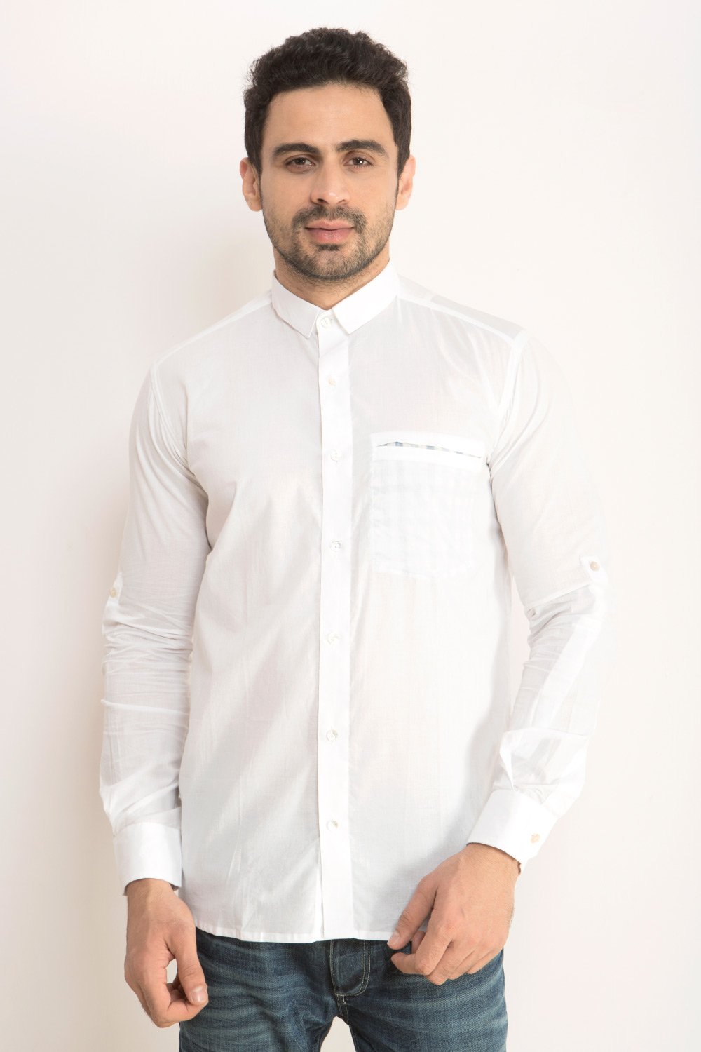 White Check-Pocket Yoke Shirt