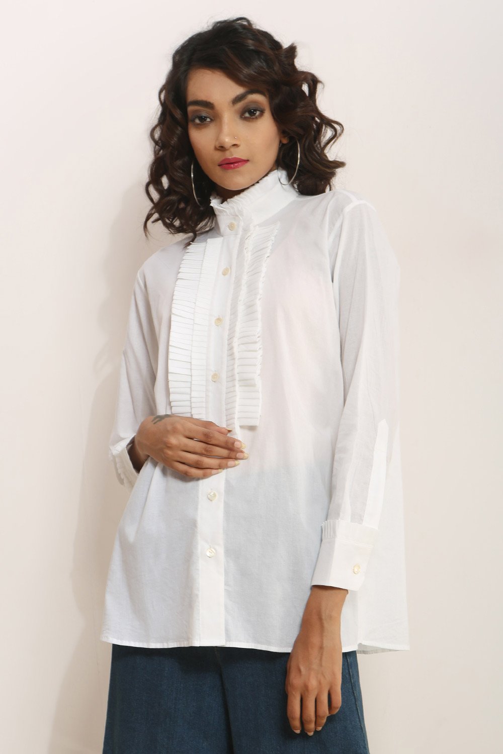 Pleated Frill-Collar Voile Top