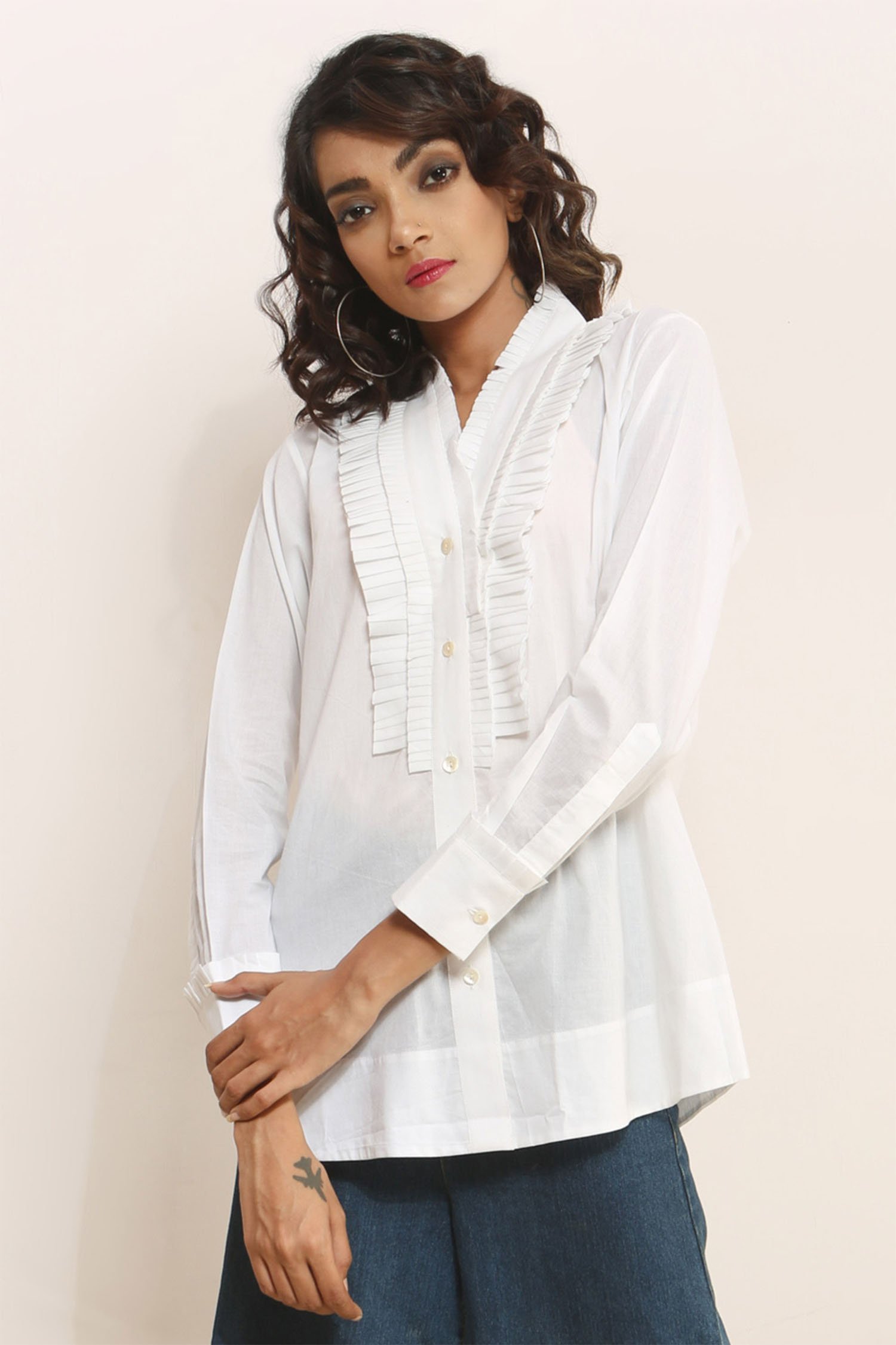 V-Neck Frill-Collar Voile Top