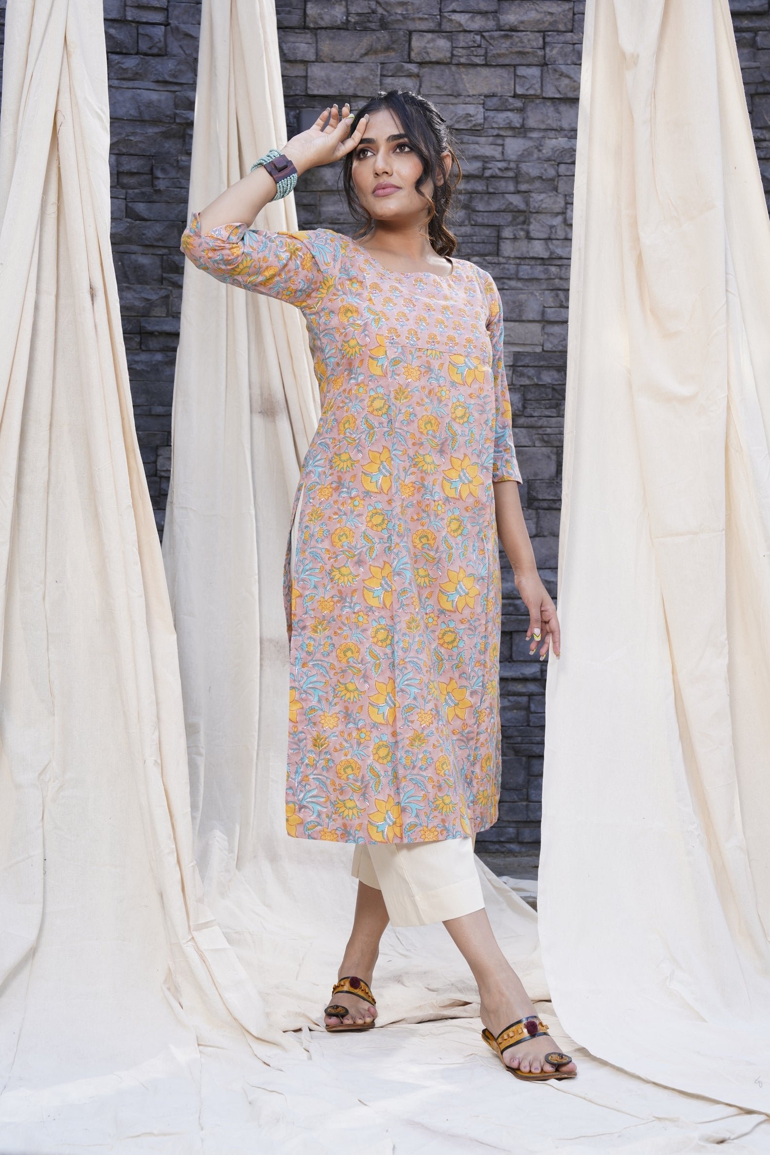 Yellow and Sea Green Hand Kurta