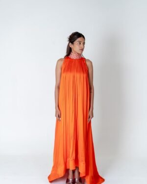 Orange Pinkbraidedhalterneckgathergown