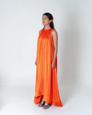Orange Pinkbraidedhalterneckgathergown 2