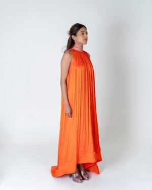 Orange Pinkbraidedhalterneckgathergown 3