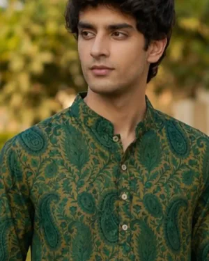 RAJAN CHANDERI KURTA OLIVE 003