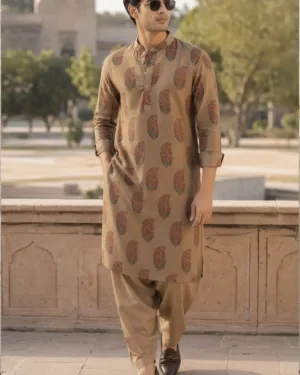 RAJAN CHANDERI KURTA SAND 001