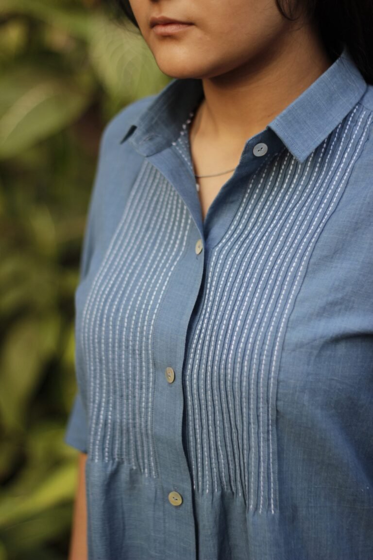 Blue Khadi Smocked Shirt Dress