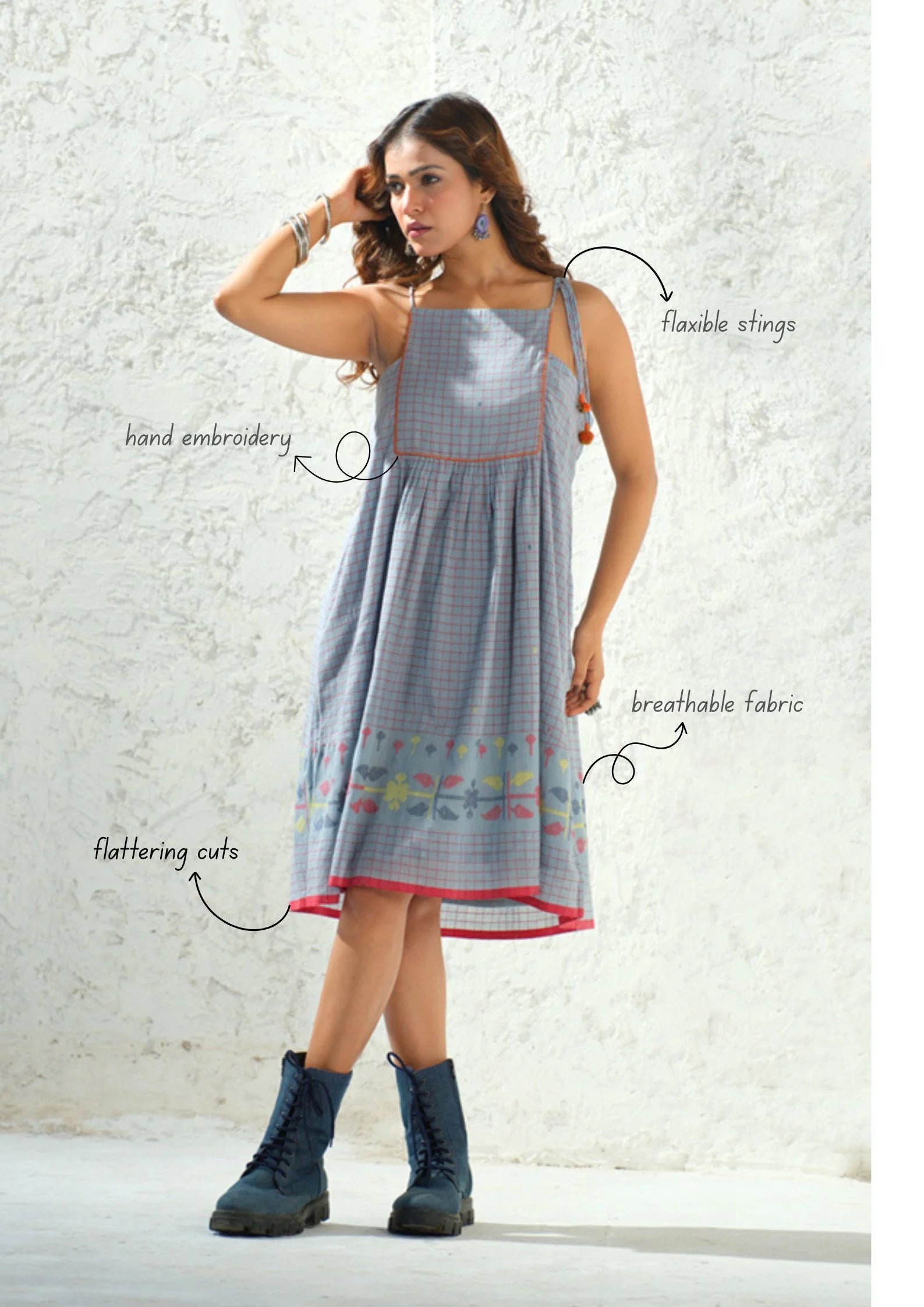 Jamdani Check Weaved Strap Dress