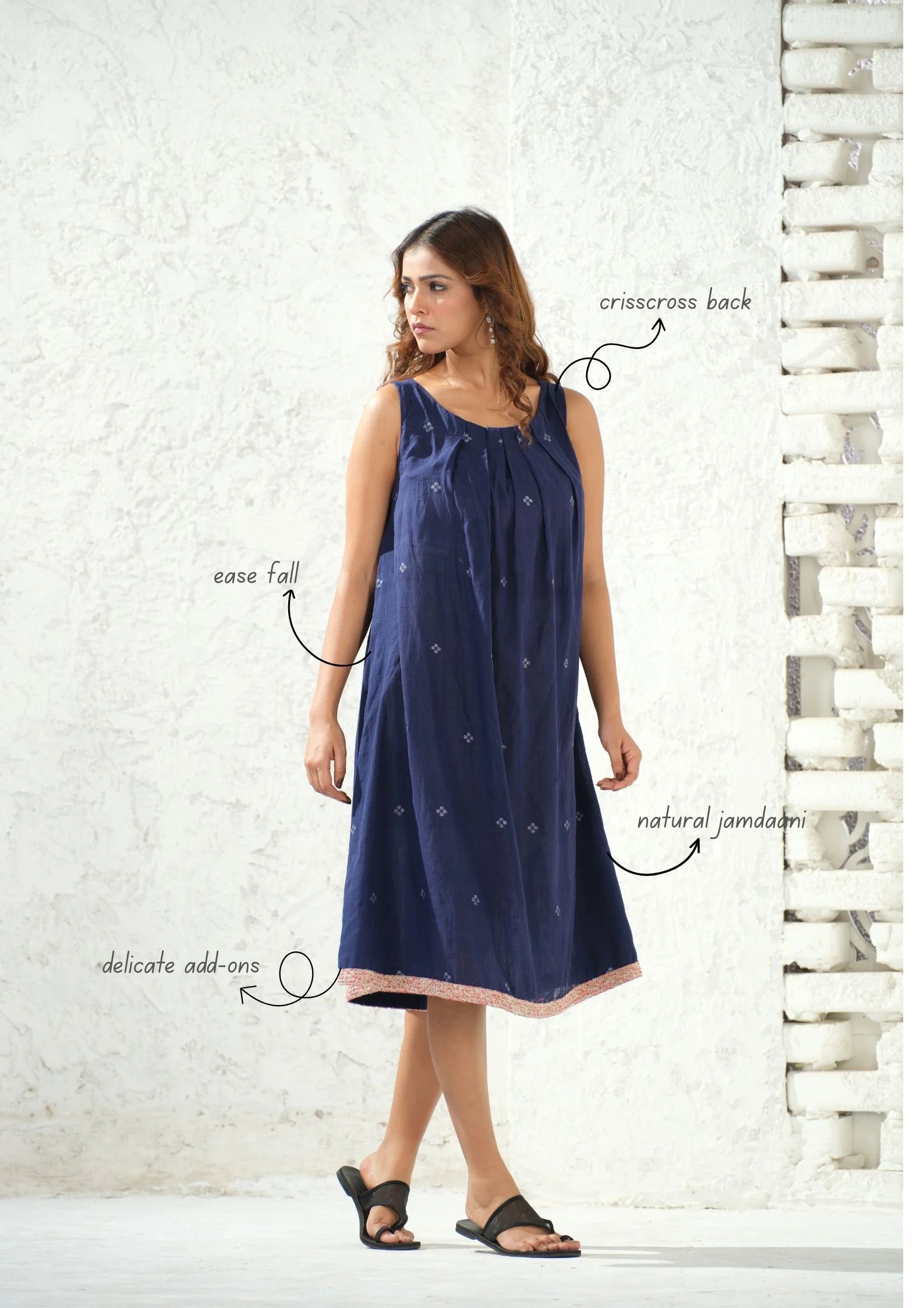 Jamdani Navy Blue Woven Maxi Dress