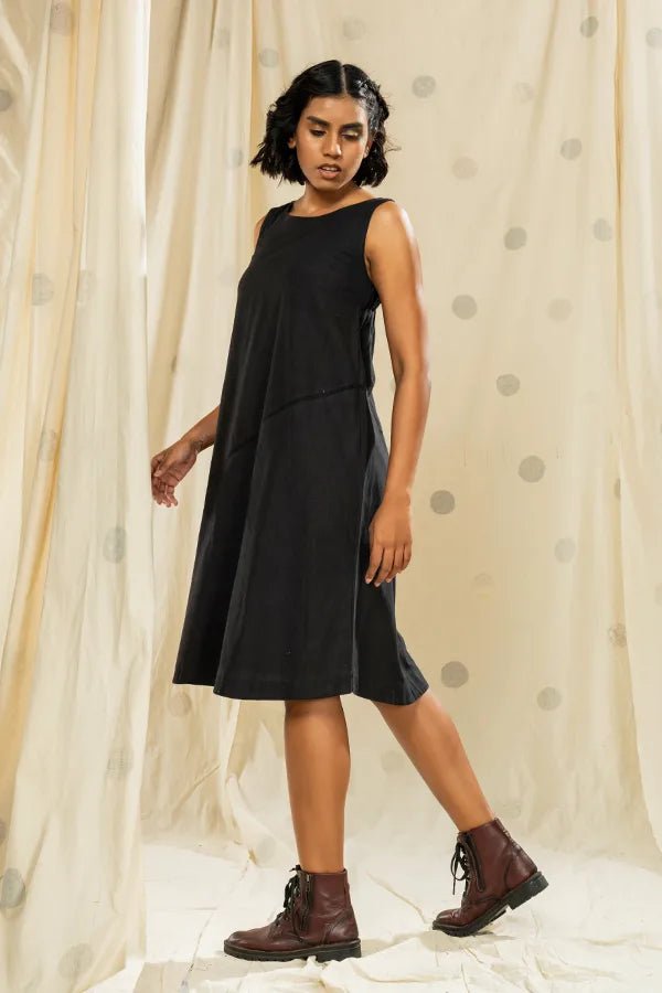 Stylized Panel Black Solid Dress