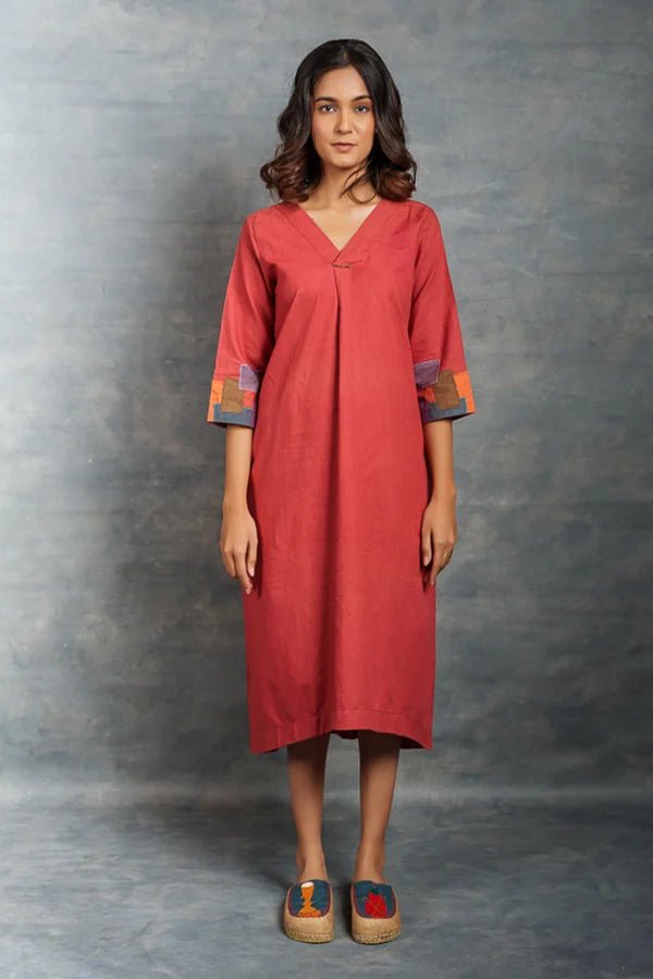 Hand spun Khadi Midi Dress in Red