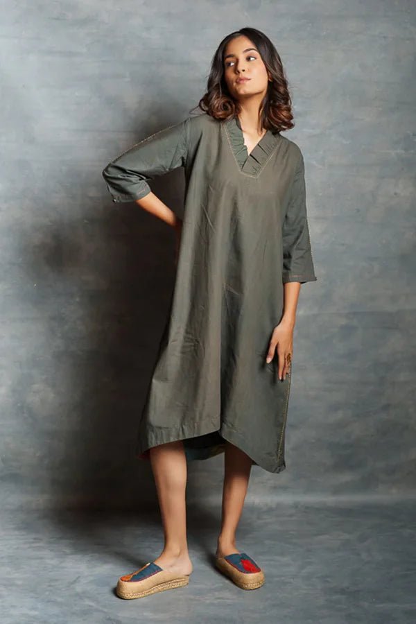 Gray Asymmetrical Handwoven V Neck
