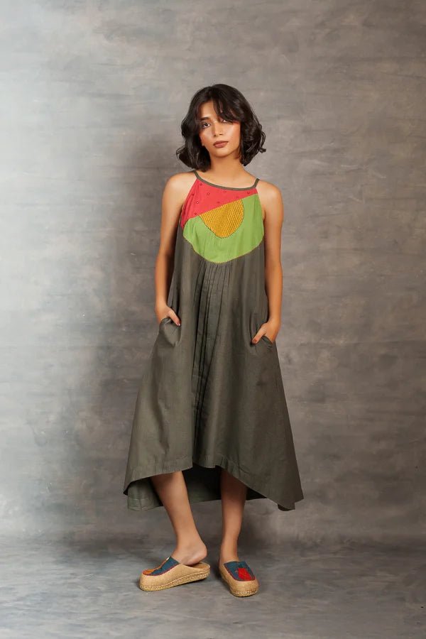 Gray Appliqué dress Spaghetti Khadi