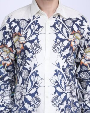 Blue Floral Printed White Shirts For Men Unfinished Shirt Available In Cotton And Linen 1302264