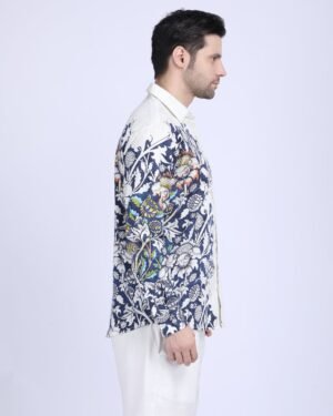 Blue Floral Printed White Shirts For Men Unfinished Shirt Available In Cotton And Linen 2083859