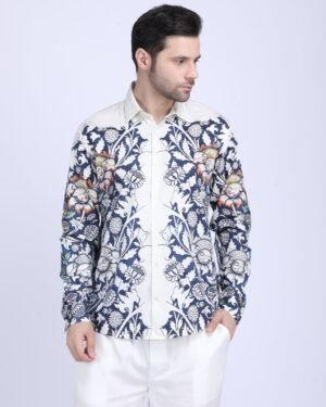 Blue Floral Printed White Shirts For Men Unfinished Shirt Available In Cotton And Linen 2881007