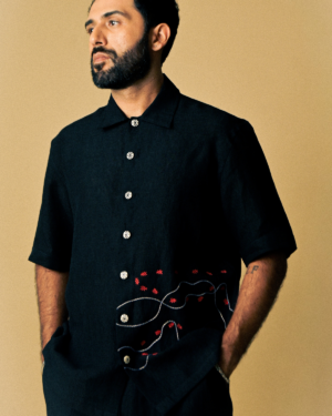 acid moons holiday shirt ant embroidery black closeup