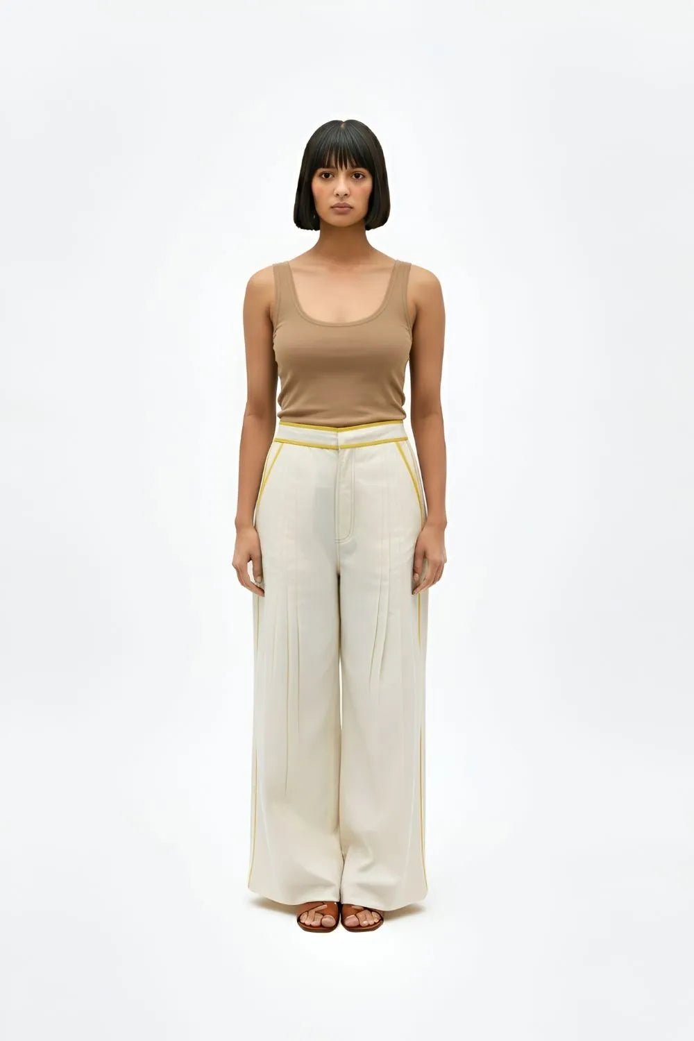 Ivory-Mango Yellow Pintucks Pants