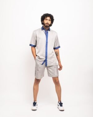 Grey Blue Collar Colorblocked Co ord Set