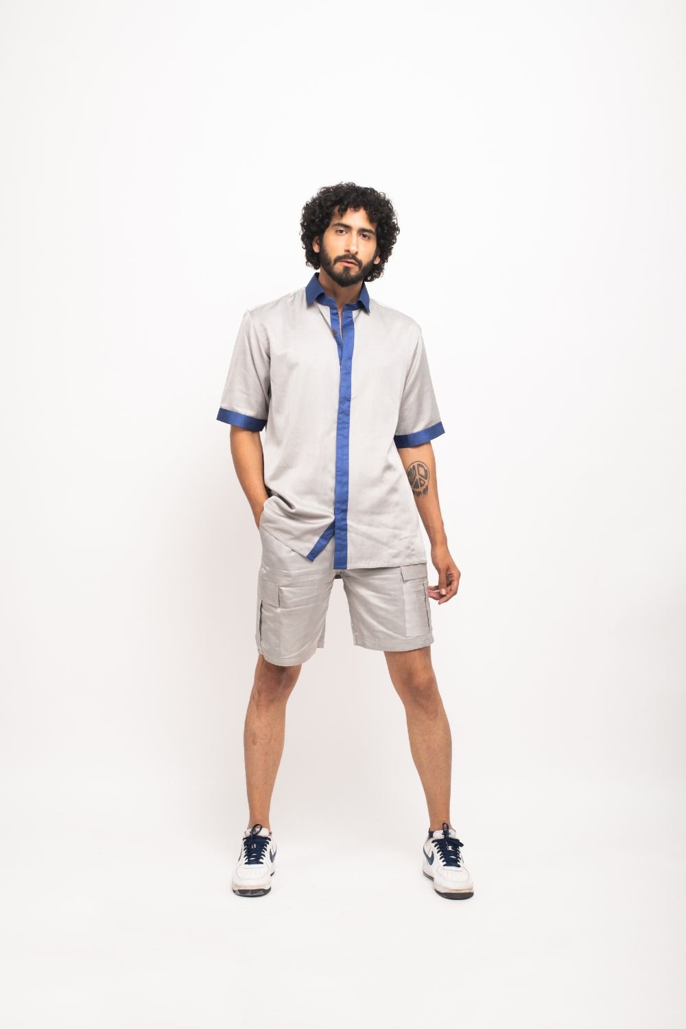 Grey Blue Collar Colorblocked Co ord Set
