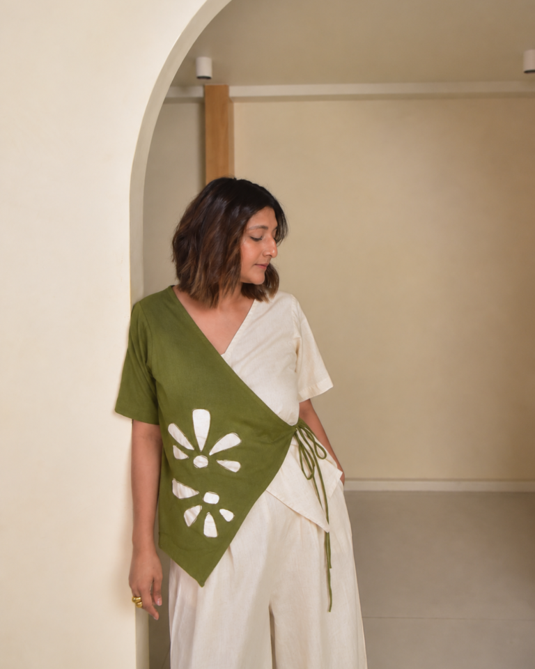 Mia Applique Wrap Top - Olive