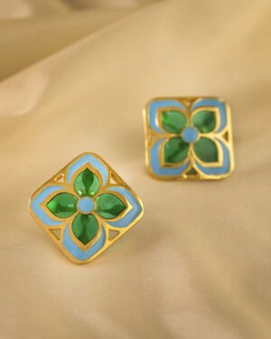 Silver Goldplated Chameli Stud Earrings Green Aks 1