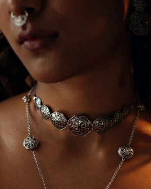 Silver Oxidised Choker Necklace Goonj 4
