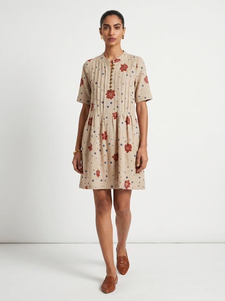 Ivy Beige Cotton Dress with Sleeves